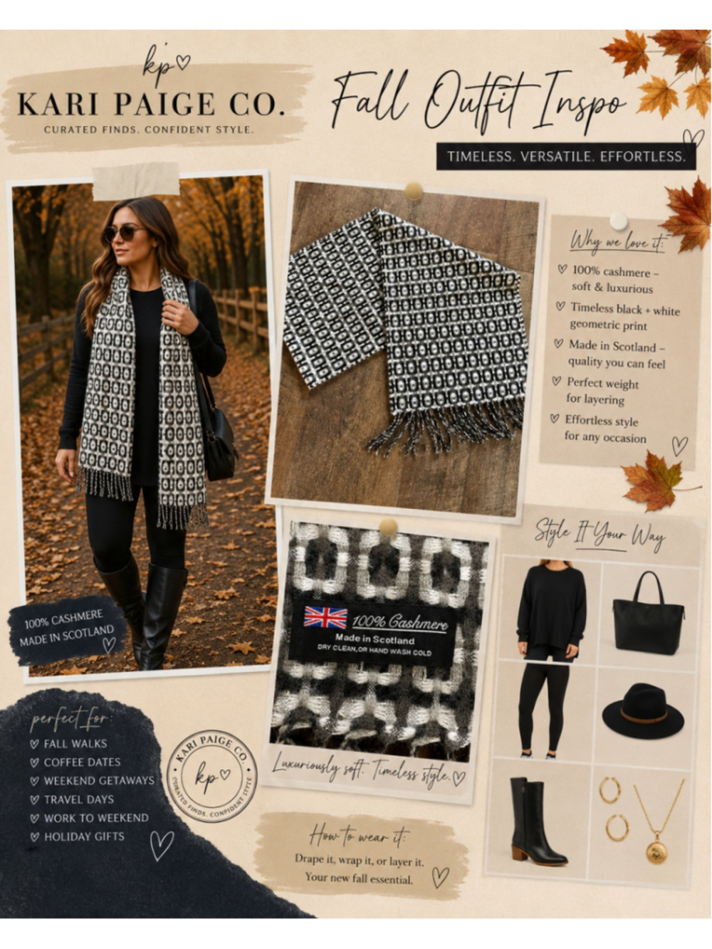 Women's Cashmere Scarf One Size Black White Geometric Fall